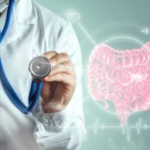 Internal Medicine USCE An image highlighting the Internal Medicine U.S. Clinical Experience (USCE) opportunities, showcasing a doctor using a holographic bowel scan projection with vital signs.