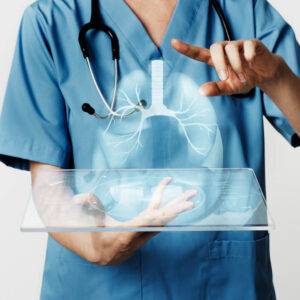 Internal Medicine/Gastroenterology USCE An image highlighting the Internal Medicine/Gastroenterology U.S. Clinical Experience (USCE) opportunities, showcasing doctors using a transparent tablet with holographic medical technology.